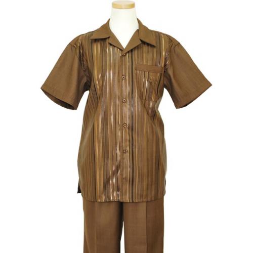 Pronti Brown With Metallic Gold / Chocolate Brown Hand Painted Stripes Microfiber Blend 2 PC Outfit SP5949